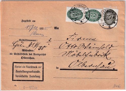 DR - 30+2x8 Pfg. Strohhut Dienst-Ortszustellurkunde Olbernhau 1930
