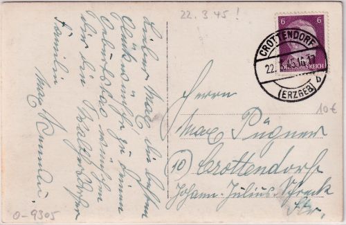 DR - 6 Pfg. AH Ortskarte (Glückwunsch) Crottendorf 22.3.45