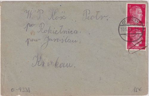 DR - 2x12 Pfg AH Brief n. POLEN/Fremdarbeiter-Zwangsarbeiter Oederan Krakau 1943