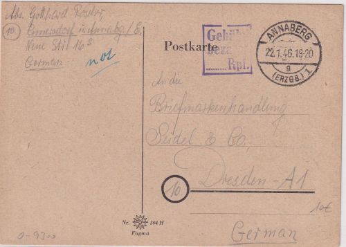 All.Bes. - Annaberg 22.1.46 Gebühr bezahlt...Rpf. viol. Ra3 Karte n. Dresden