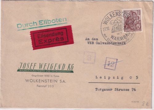 DDR - 70 Pfg. 5J-Plan Eilbrief Handwerbestpl. Wolkenstein m. Warmbad 1962