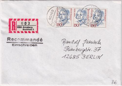 BRD - 3x150 Pfg. Frauen Einschreibebrief Annaberg-Buchholz - Berlin 1993