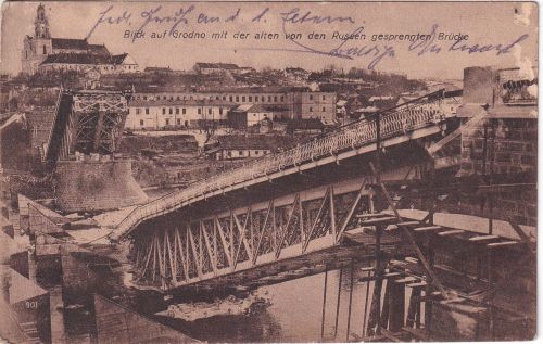Weißrussland - Grodno Ortsansicht gesprengte Brücke sw-AK/Feldpost 1917