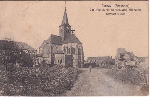 Frankreich/Ardennen - Cernay Kirche u. zerstörte Ortschaft sw-AK/Feldpost 1915
