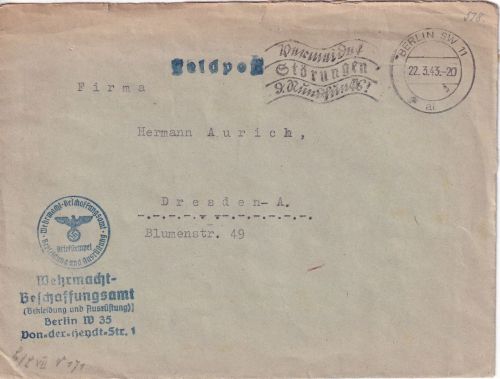 DR - Berlin 1943 Wehrmacht-Beschaffungsamt Briefstpl. Feldpostbrief n. Dresden