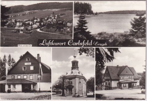 Sachsen - Karlsfeld (Erzgeb.) Ferienheim Ortsansicht etc. sw-Mehrbild-AK 1983