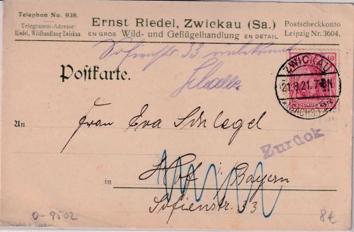 DR - 40 Pfg. Germania Firmenkarte Zwickau - Hof 1921 Retourvermerk