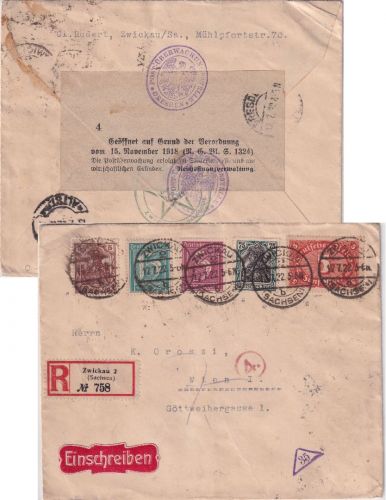 DR-Infla - 5 M. Queroval u.a. Einschreibebrief n. ÖSTERREICH Zwickau - Wien 1922