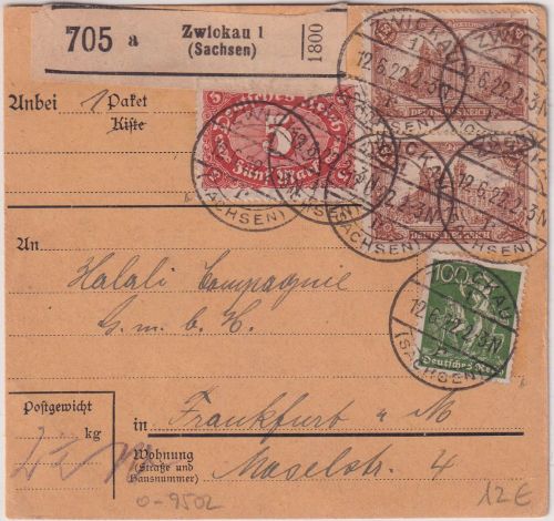 DR-Infla - 5 M. Queroval u.a. Paketkarte Zwickau - Frankfurt a/M. 1922
