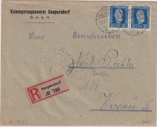 DR - 2x20 Pfg. Stephan Einschreibebrief Saupersdorf - Werdau 1924