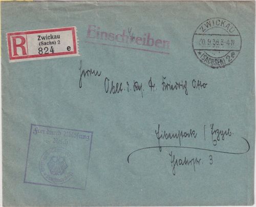DR - Zwickau 2 Frei d. Ablösung/Einschreibebrief (Wehrbezirkskommando) 1936