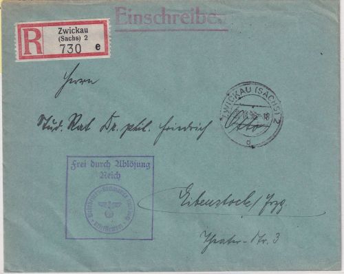 DR - Zwickau 2 Frei d. Ablösung/Einschreibebrief (Wehrbezirkskommando) 1936