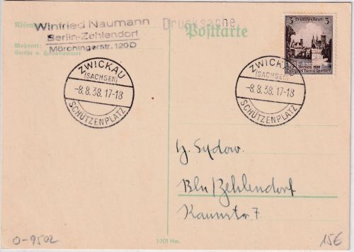 DR - Zwickau (Sachsen) Schützenplatz 8.8.38 SST Drucksachenkarte n. Berlin