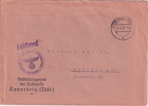 DR - Sonneberg 1943 Feldpostbrief Bekleidungsamt d. Luftwaffe n. Dresden
