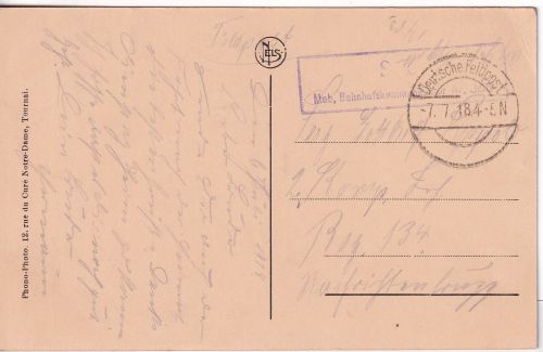 DR - Mobile Bahnhofskommandantur 365 Ra2 Feldpostkarte (Cambrai) 1918