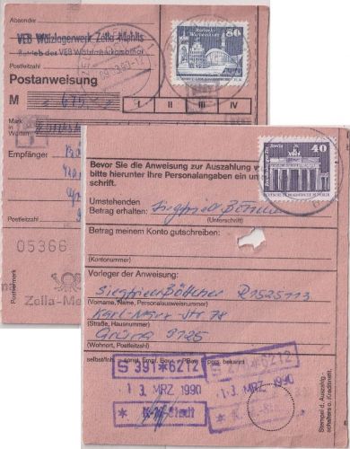 DDR - 80+40 Pfg. Aufbau Postanweisung Zella-Mehlis - Grüna 1990