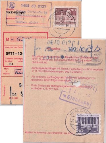 DDR - 70+40 Pfg. Aufbau Einzahlungsauftrag Glauchau 1989