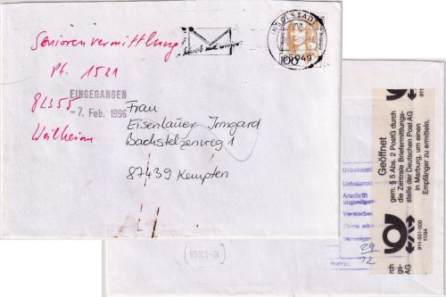 BRD - 100 Pfg. Frauen Brief Ingolstadt - Kempten 1996 Rückbriefstelle Marburg