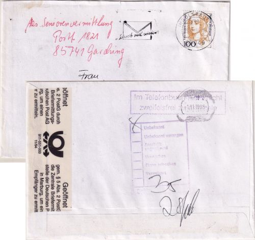 BRD - 100 Pfg. Frauen Brief Ingolstadt - München 1995 Rückbriefstelle Marburg