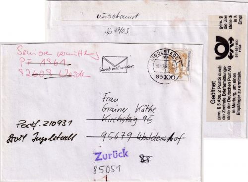 BRD - 100 Pfg. Frauen Brief Ingolstadt - Waldershof 1996 Rückbriefstelle Marburg