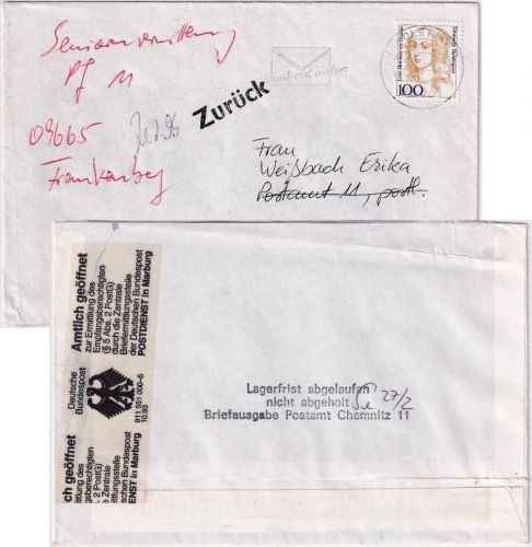 BRD - 100 Pfg. Frauen Brief Ingolstadt - Chemnitz 1995 Rückbriefstelle Marburg