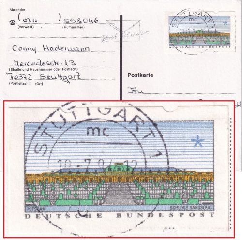 BRD - ATM Sanssouci Karte Stuttgart Karlsfeld 1994 kaum sichtbarer Werteindruck