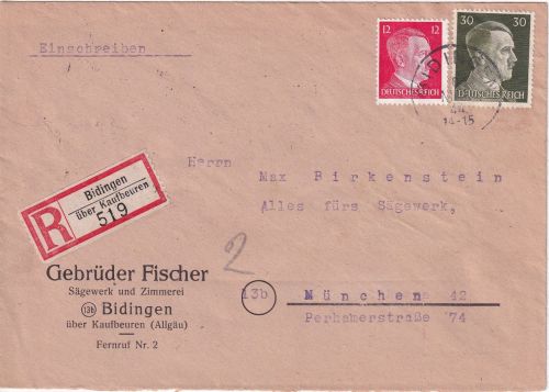 DR - Bidingen ü. Kaufbeuren Poststelle I nachv. K1 Einschreibebrief 8. MAI 44