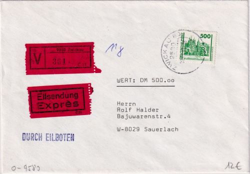 DDR/VGO - 500 Pfg. Bauwerke Eilboten-Wertbrief Zwickau - Sauerlach 31.1.91