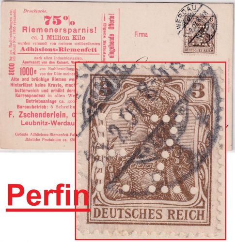 DR - 3 Pfg. Germania Perfin "FZ" Drucksachenkarte Werdau - Gera 1907