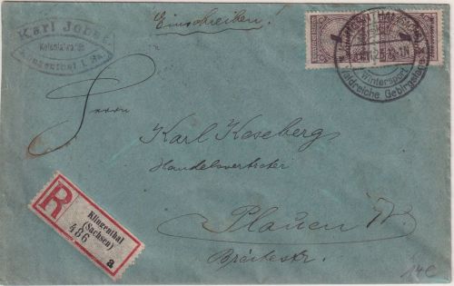 DR-Infla - 2x1 Mrd. Korbdeckel Einschreibebrief Klingenthal - Plauen 11.11.23