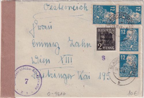 SBZ - 4x12 Pfg. Engels u.a. Zensurbrief n. ÖSTERREICH Glauchau - Wien 4.11.48