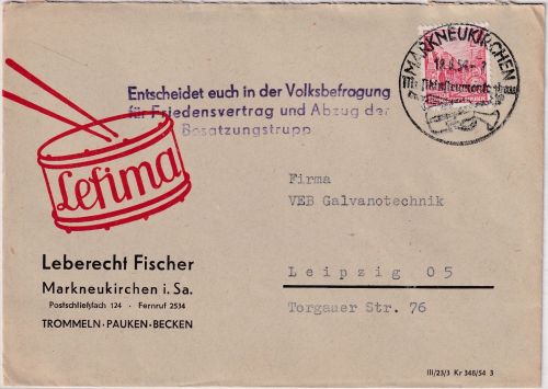 DDR - Markneukirchen 1954 illustr. Firmenbrief m. Propaganda-L3 n. Leipzig