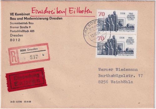 DDR - 2x70 Pfg. Marx/Engels Eilboten-Einschreibebrief Dresden Weinböhla 13.6.89