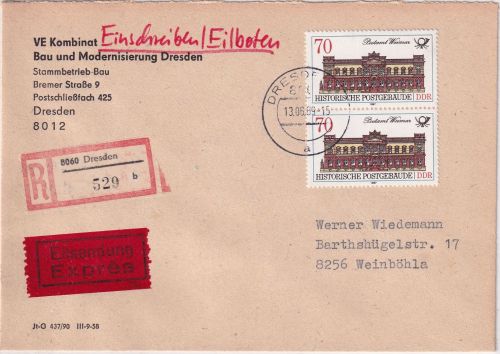 DDR - 2x70 Pfg. Postamt Weimar Eilboten-Einschreibebrief Dresden 13.6.89