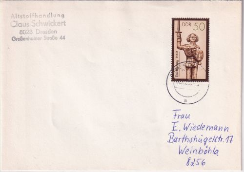 DDR - 50 Pfg. Rolandsäule Brief Dresden - Weinböhla 2.7.90