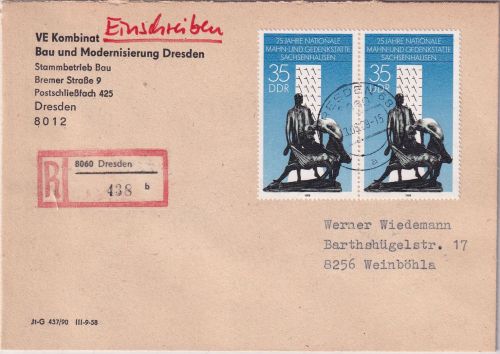 DDR - 2x35 Pfg. KZ Sachsenhausen Einschreibebrief Dresden - Weinböhla 13.6.89