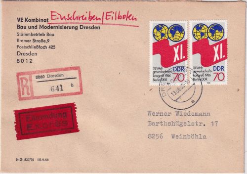 DDR - 2x70 Pfg. Weltgewerkschaftskongress Eil-Einschreibebrief Dresden 13.6.89