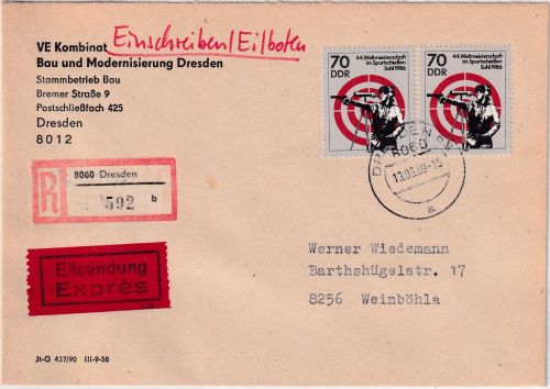 DDR - 2x70 Pfg. 44.WM Sportschießen Eil-Einschreibebrief Dresden 13.6.89