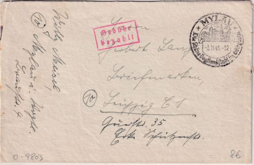 All.Bes. - Mylau 3.11.45 Gebühr bezahlt roter Ra2 Brief n. Leipzig