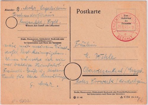 All.Bes. - Lengenfeld (Vogtland) Bezahlt 29.8.45 roter Tagesstempel Karte
