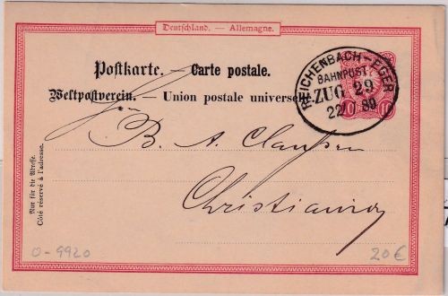 DR - Reichenbach Eger Bahnpost Zug 29 10 Pfg Ganzsache n. NORWEGEN Oelsnitz 1889