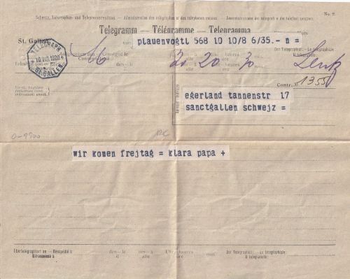 Schweiz - St. Gallen 1920 Telegramm aus Plauen (Vogtland)