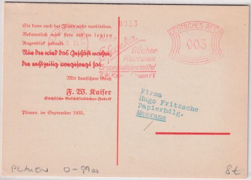 DR - Plauen 1935 3 Pfg. AFS "Efweka Organisationmittel" Drucksache/Klappkarte