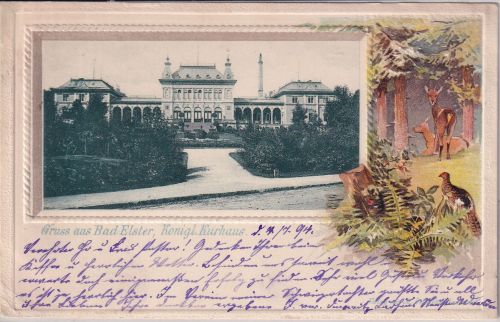 Sachsen - Bad Elster Kgl. Kurhaus "Waldtier"-Passepartout-AK gelaufen 1904