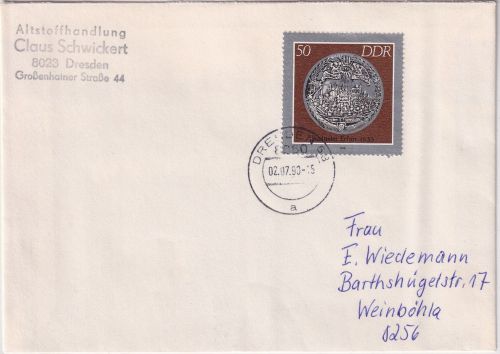 DDR - 50 Pfg. Hist. Münzen/Städtetaler Brief Dresden - Weinböhla 2.7.90