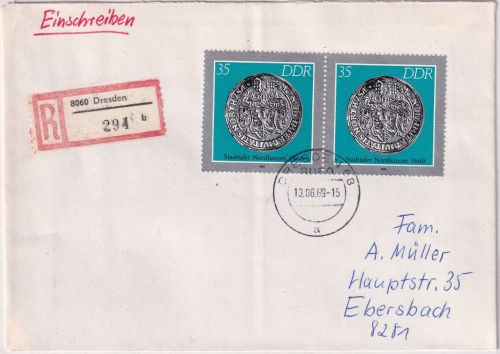 DDR - 2x35 Pfg. Hist. Münzen/Städtetaler Einschreibebrief Dresden 13.6.89