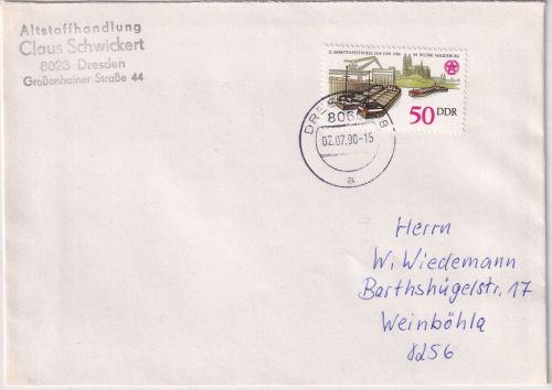 DDR - 50 Pfg. 21. Arbeiter-Festspiele Brief Dresden - Weinböhla 2.7.90