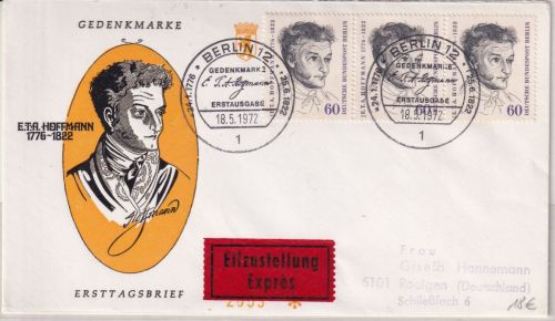 Berlin - 3x60 Pfg. 150. Todestag Hoffmann Schmuck-FDC/Eilbrief ESST 18.5.72