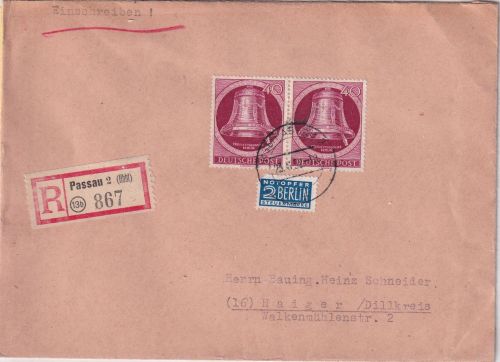 Berlin - 2x40 Pfg. Glocke rechts Einschreibebrief Passau - Haiger 1952