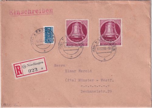 Berlin - 2x40 Pfg Glocke rechts Einschreibebrief Nördlingen - Münster 1953